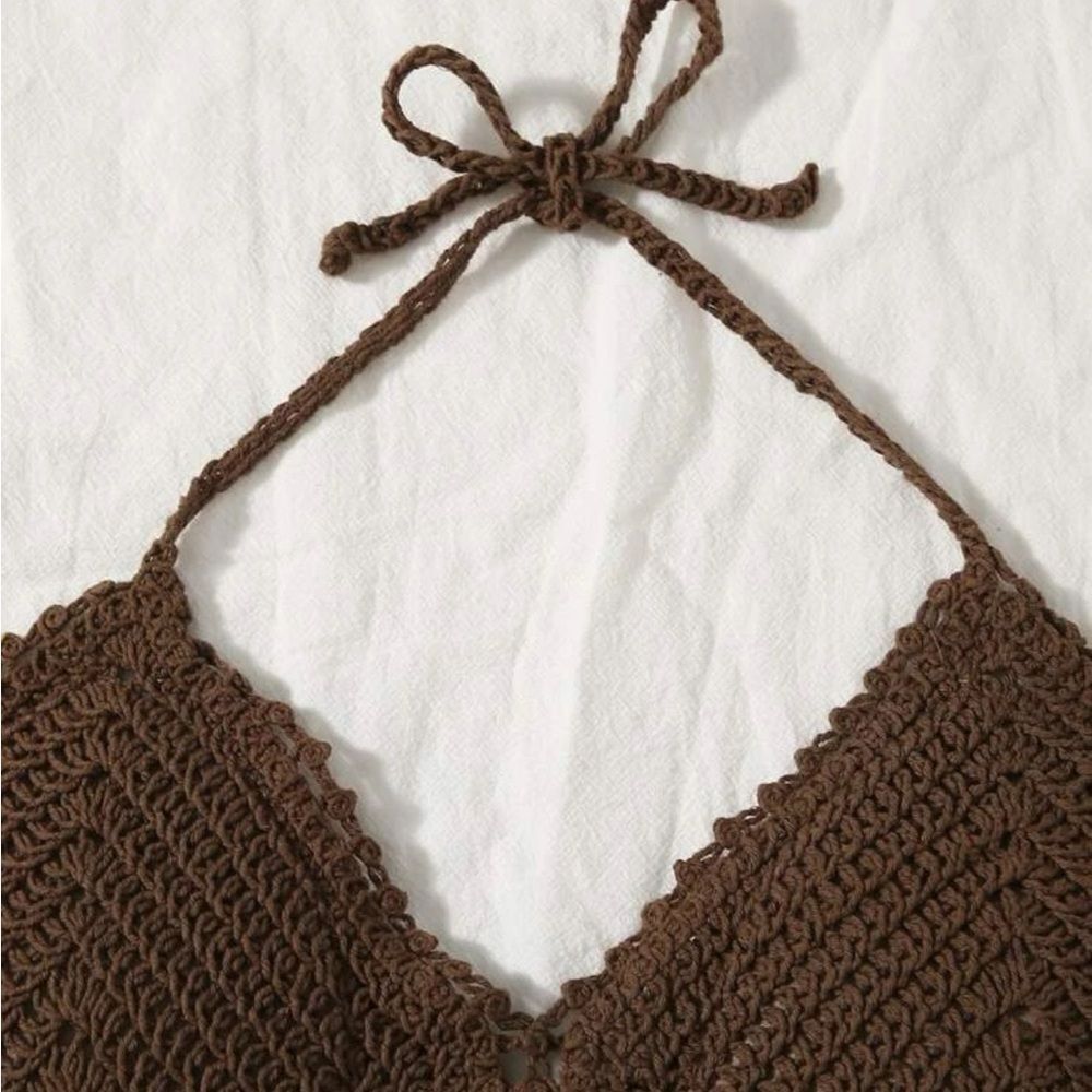 Brown knit halter top with laced back - Picture 3 of 5
